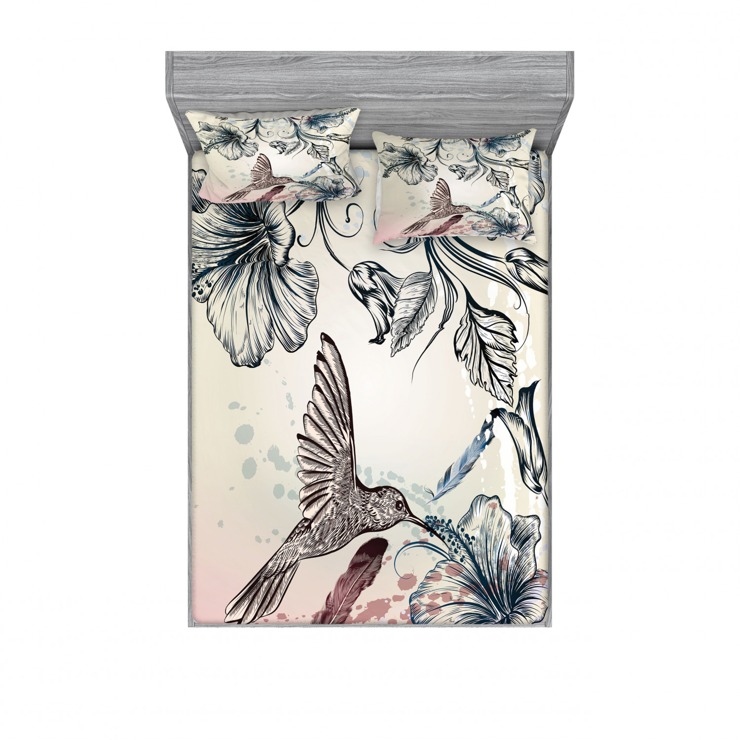 Hummingbird Bedding Set with Sheet & Covers, Floral Art in Vintage