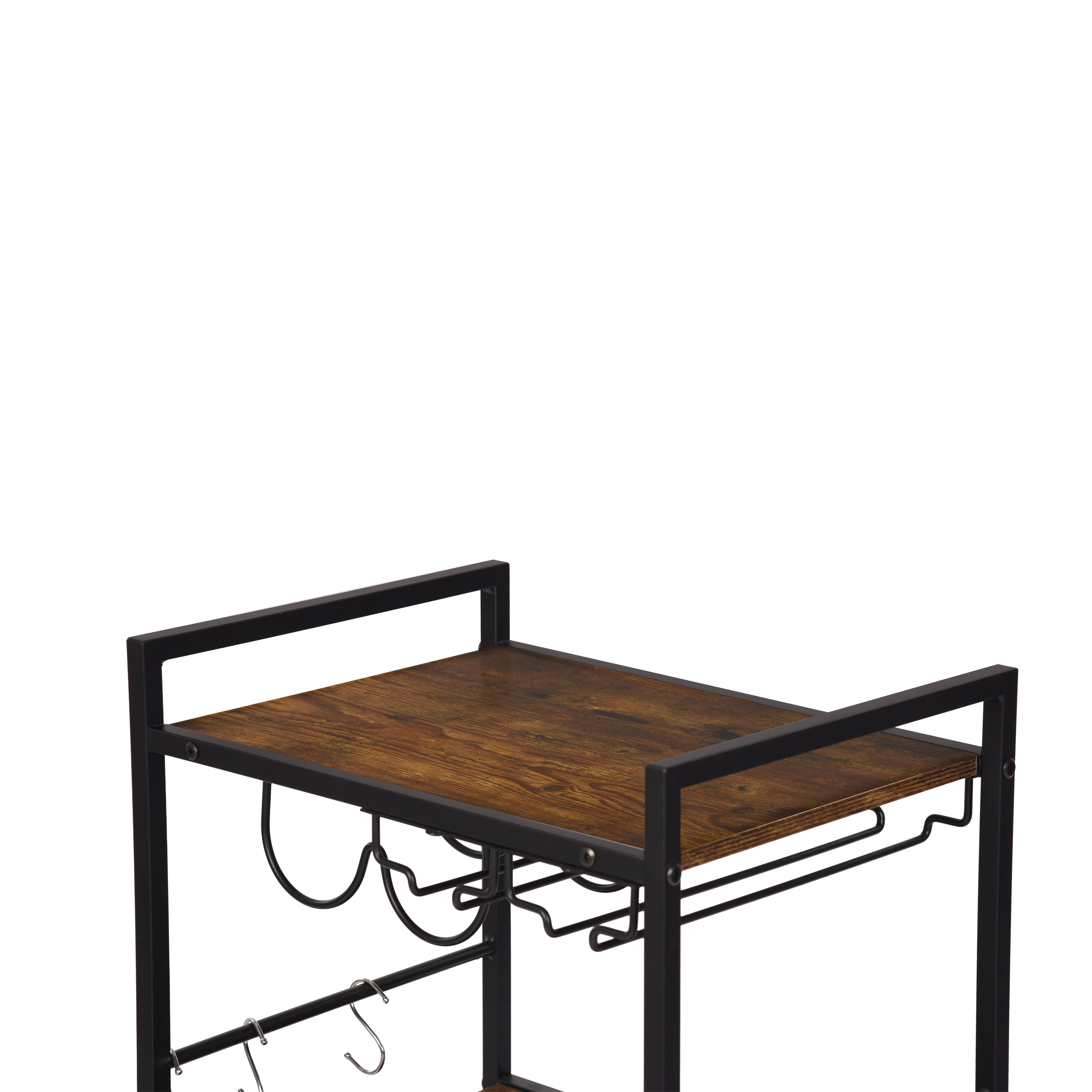 3-Tier Rolling Bar Cart, Rustic Wood Kitchen Serving Cart with Wine Rack, Glass Holder & Hooks, Mobile Beverage Cart with Wheels for Home Dining Living Room