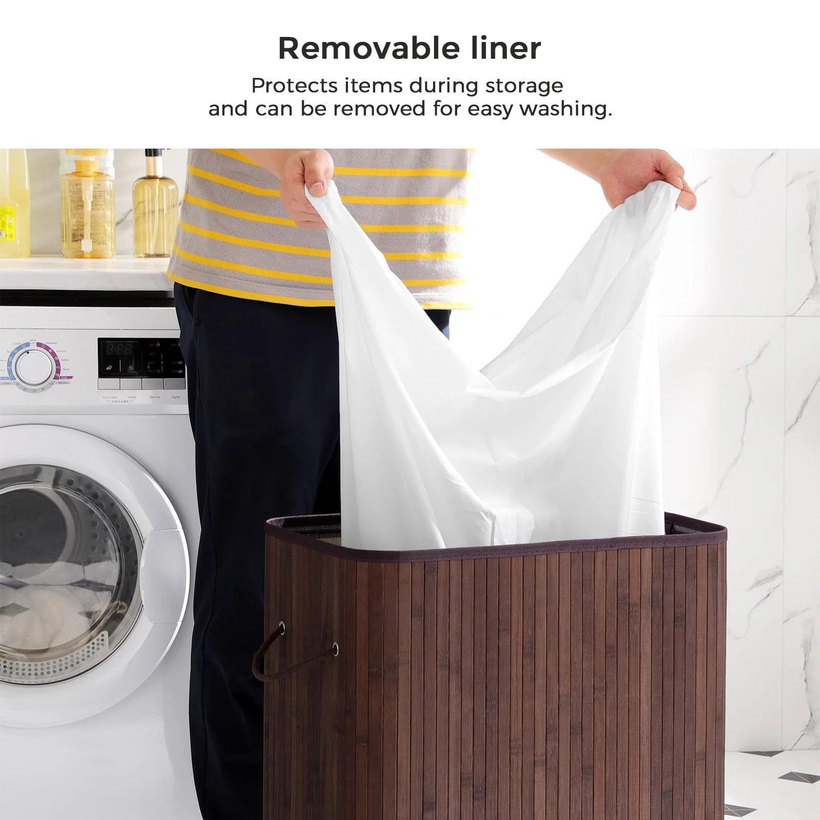 TEAFIRST 100L Large Bamboo Laundry Hamper, Clothes Storage Organiser Bag, Basket with Lid, Brown