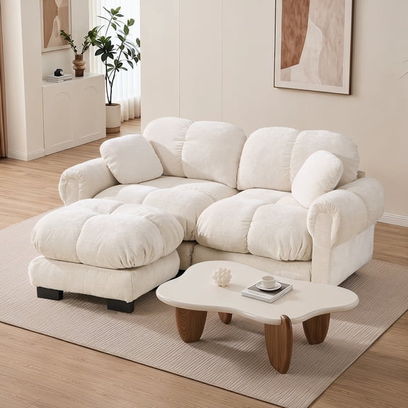 Bocarali Home Chenille Cloud L-Shaped Loveseat Sofa w/ Ottoman, Cream Beige