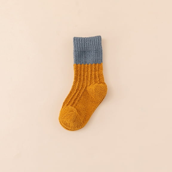 Kids Socks Baby Thick Winter Socks Coral Fleece Children Soft Socks Warm Patchowork Floor Socks Boys Girls Striped Socks Yellow XL(7-9)