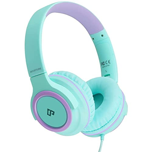 INFURTURE Auriculares para niños con micrófono para niños y niñas, límite de volumen 94 dB, auriculares supraaurales, auriculares con cable para adolescentes, escuela, viajes, compatibles con teléfono