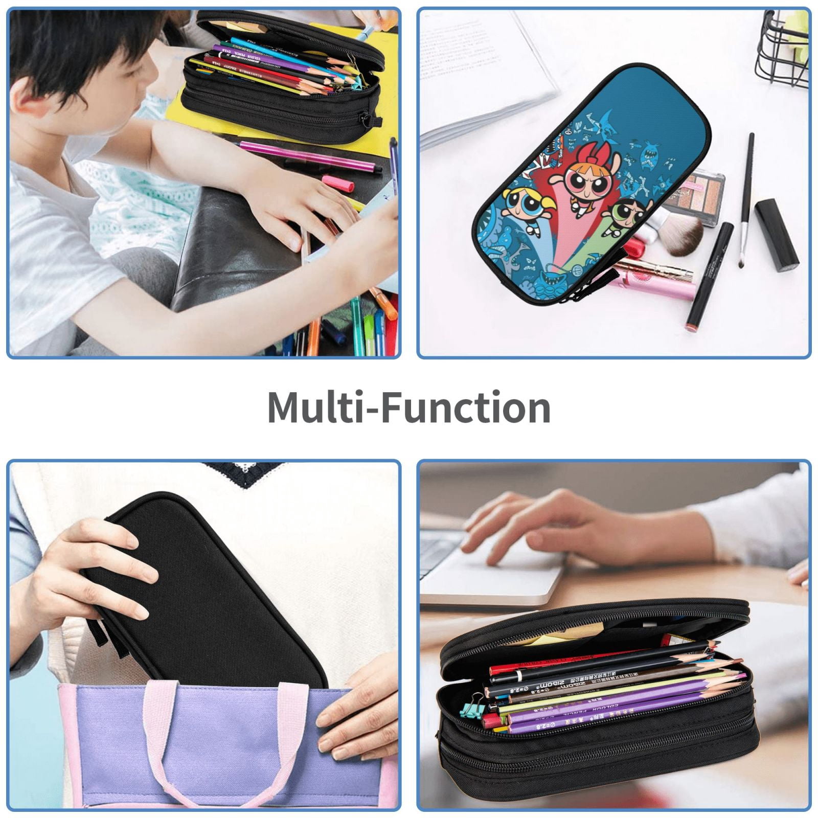 The Powerpuff Gi-rls Pencil Case Large Capacity Pencil Pouch Penbag Office Stationery Organizer Travel Makeup Bag Black