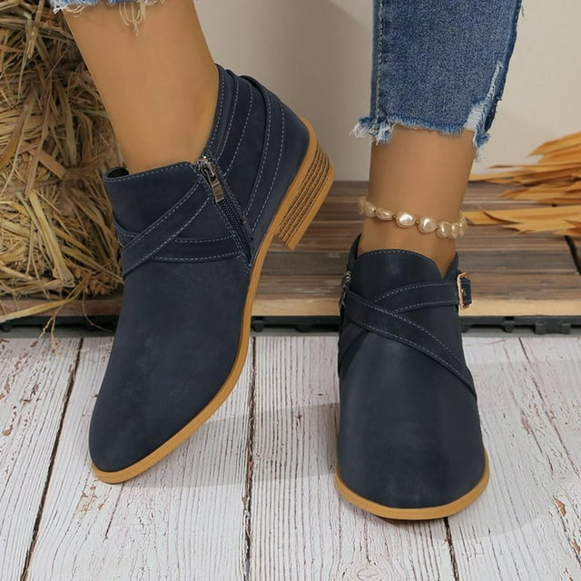 Amzcrzy Bottes à la Cheville pour Femmes Bottes Courtes Décontractées de Mode pour Femmes de Printemps Couleur Unie Bout Rond Pointu Fermeture Éclair Latérale Talon Épais Talon Bas Bottes à la Cheville Bottines pour Femmes Bottes pour Femmes Bottines pour Femmes