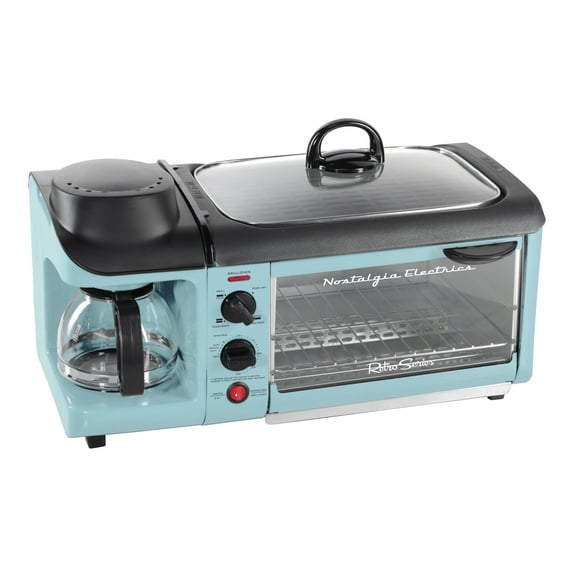 Nostalgia Retro 3-in-1 Breakfast Station, Coffeemaker, Griddle, Toaster Oven, Aqua