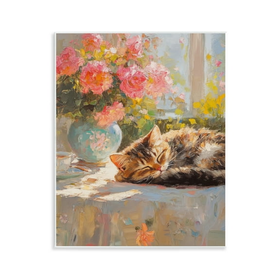 Stupell Industries Sleeping Kitten & Flower Vase Animals Painting Unframed Art Print Wall Art, 11 x 14