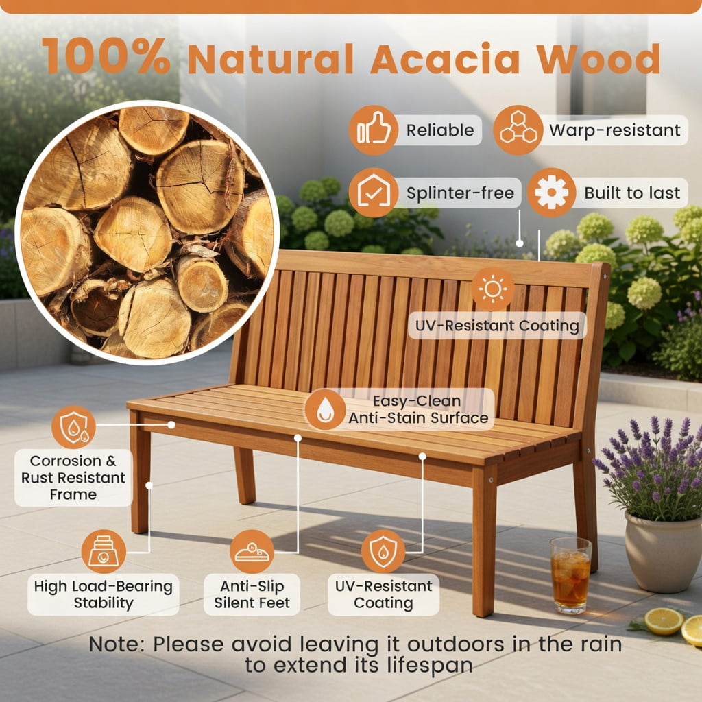 Hommoo Acacia Wood Outdoor Garden Bench, Slatted Seat, Weather-Resistant Patio Seating for 2, Natural