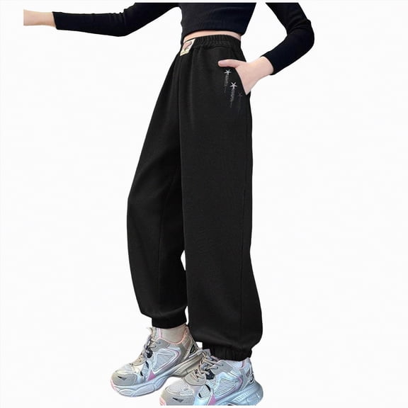 kpoplk Girls' Jogger Sweatpants Girls Drawstring Sweat Pants Teens Activewear Kids Joggers with Pockets(Black,7-9 Y)