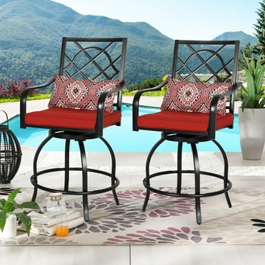 SOLAURA 2 Piece Outdoor Swivel Bar Stools Patio Metal Height Bistro Chairs with Cushions