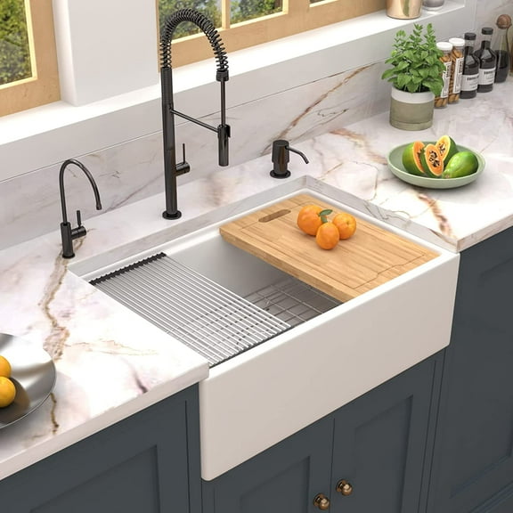 30 inch White Farmhouse Sink, Fireclay Porcelain Single Bowl Apron-Front Workstation Sink, Reversible Ceramic Farm Sink with various accessories