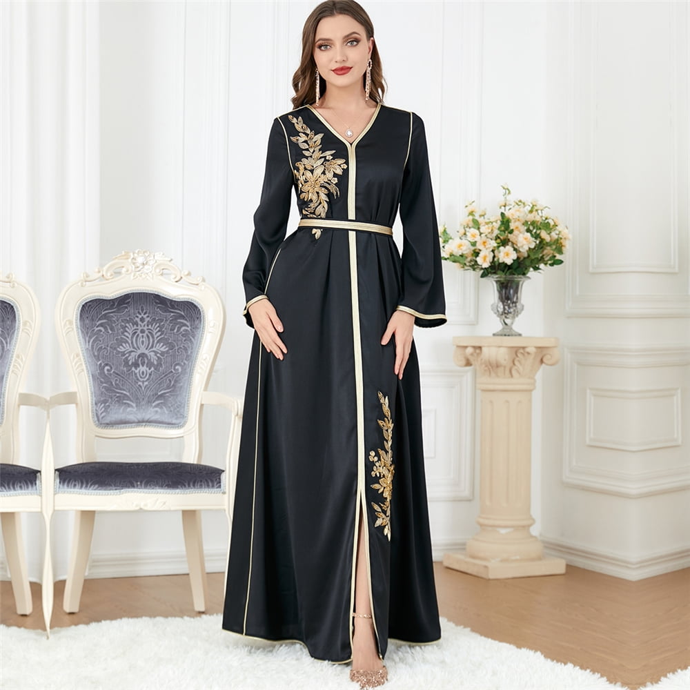 Fashion Elegant Embroidery Tape Trim Muslim Long Dress For Women Belted Clothing Marocain Turkish Abaya