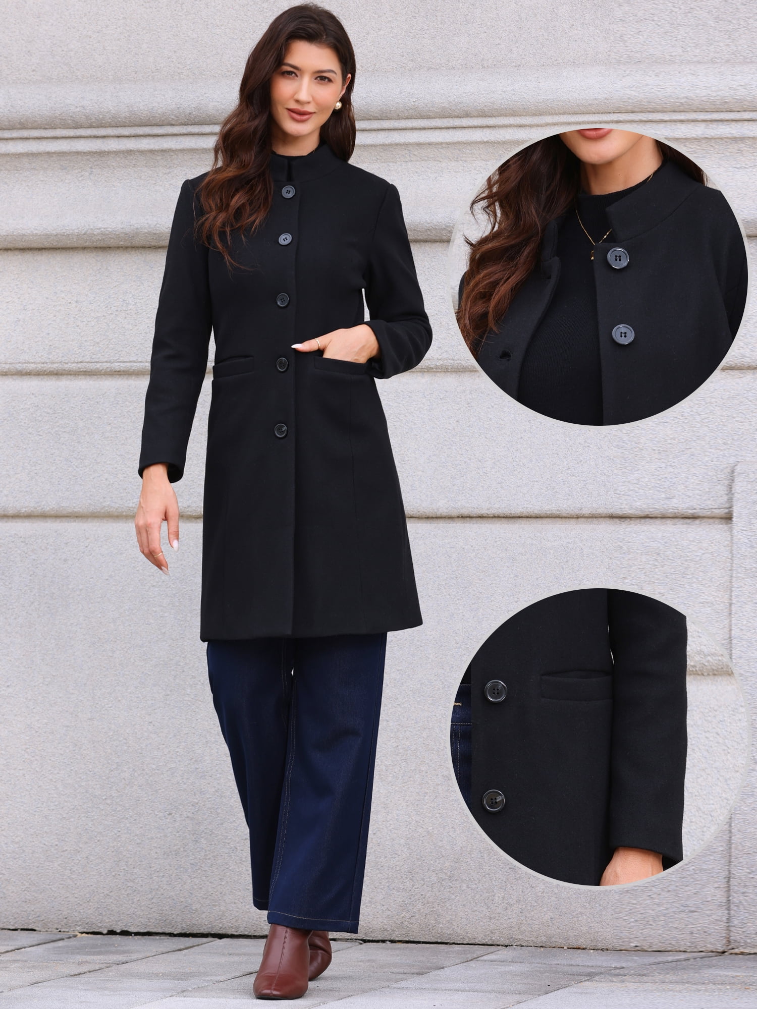 DARING DIVA Women's Stand Collar Mid-Length Overcoat with Pockets S Black