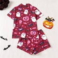 thumbnail image 4 of RUTAYY Girls Halloween Pajama Set Bow Candy Ghost Pumpkin Graphic 2 Piece Button Down Short Sleeve Sleepwear Daily Home Use Watermelon Red, 4 of 4