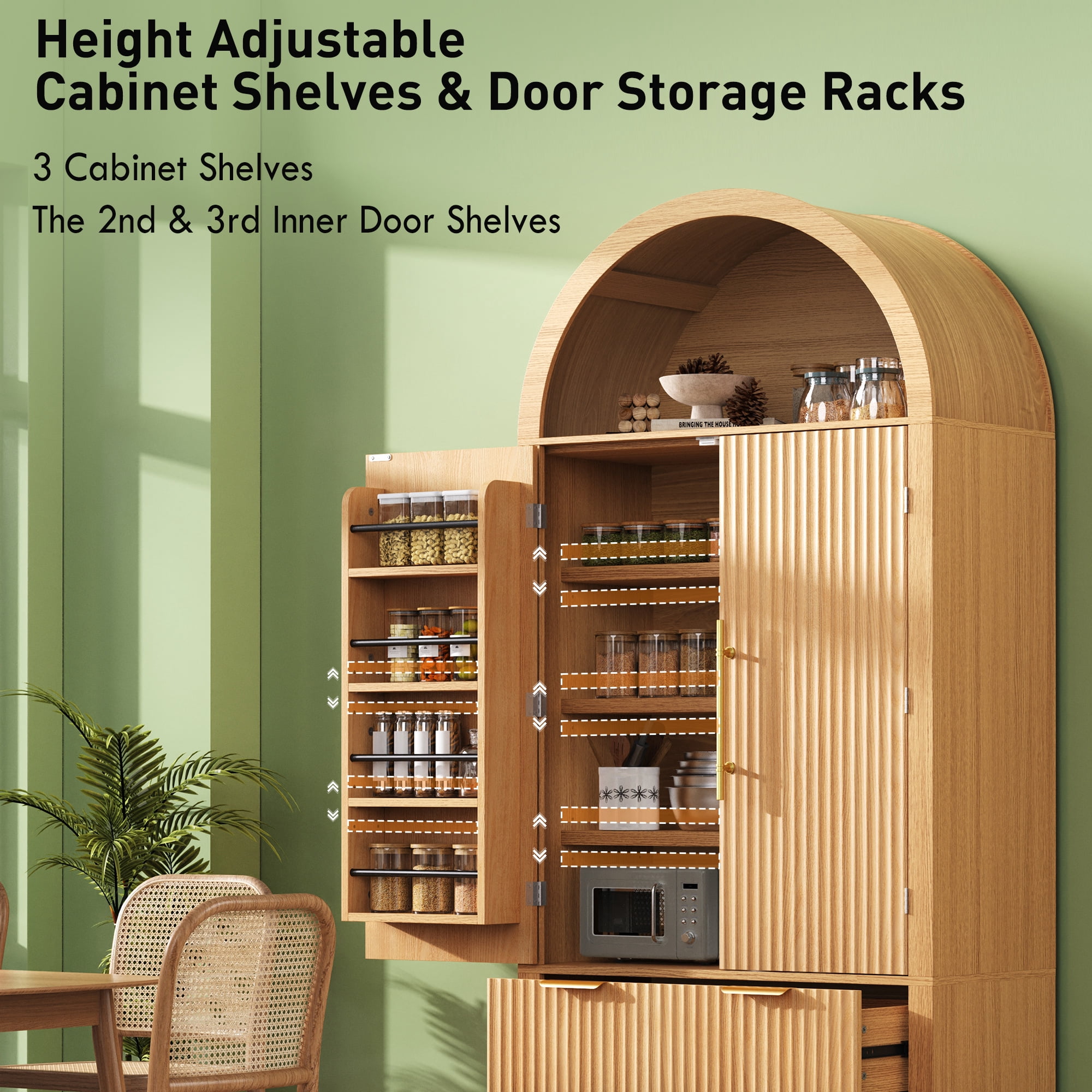 Aukfa Tall Arched Pantry Cabinet with Fluted Doors, Drawers & Adjustable Shelves for Kitchen Dining Room Storage,Natural