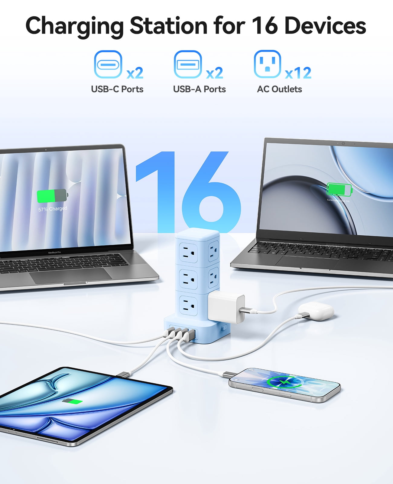 ORICO Power Strip Tower with Multiple Outlets, Tower Extension Cord with 12 AC Outlets 4 USB Ports (2 USB C), Space Saving Design, 5FT Cord Power Tower for Home, Office, Dorm - TPP20 (Blue)