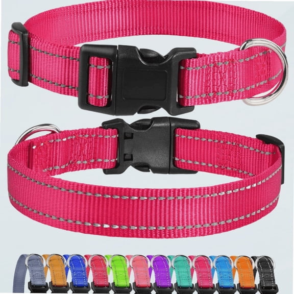 Reflective Dog Collar, Sturdy Nylon Collars for Small Girl and Boy Dogs, Adjustable Dog Collar with Quick Release Buckle, Pink