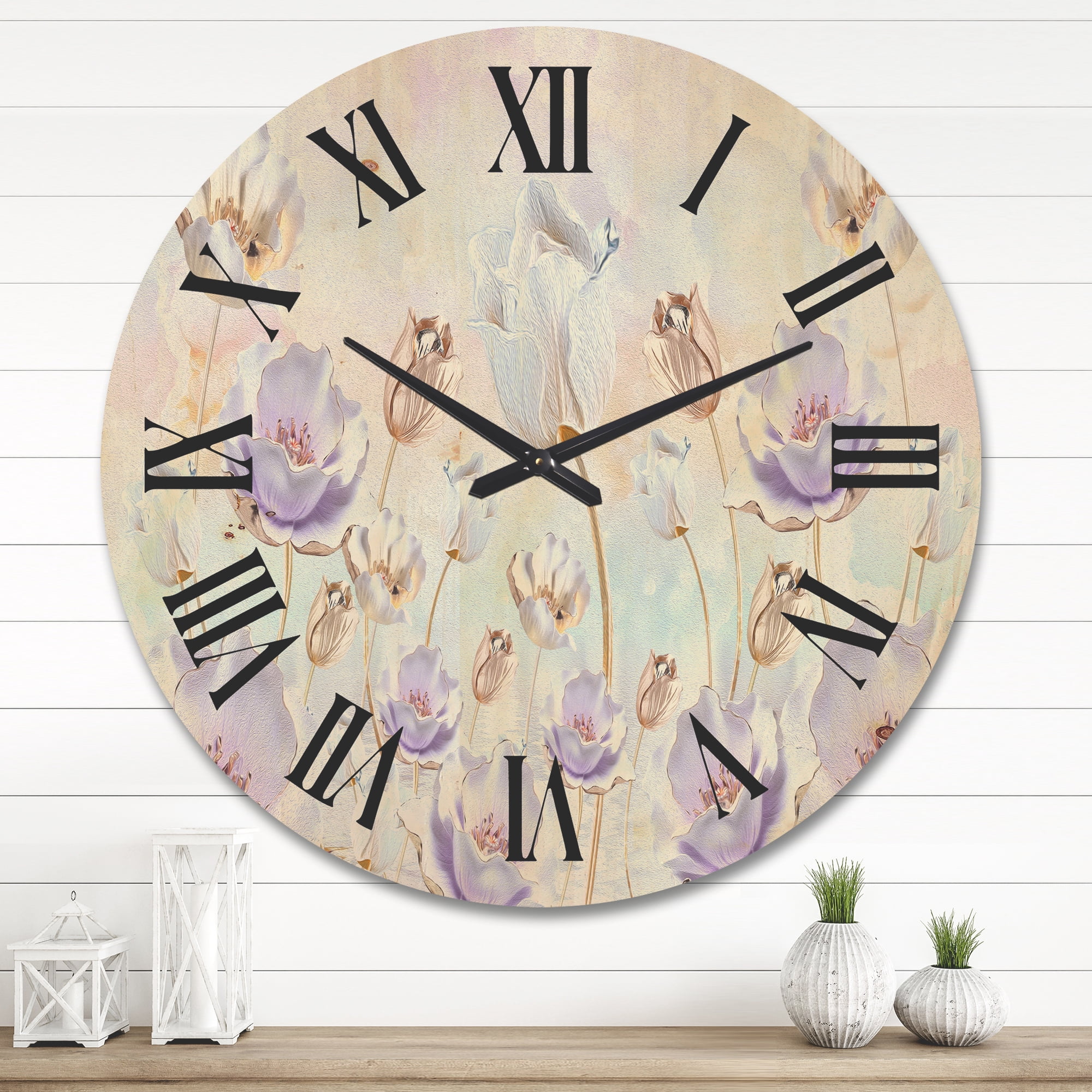 Designart 'Blossoming Pastel Tones Flowers' Traditional Wood Wall Clock