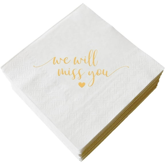 20pcs We Will Miss You Cocktail Napkins Gold Foil and White Farewell Going Away Disposable Paper Napkins of Bar Berverage Napkins for Retirement Job Change Graduation Party Decorations 3 Ply 5"x5"
