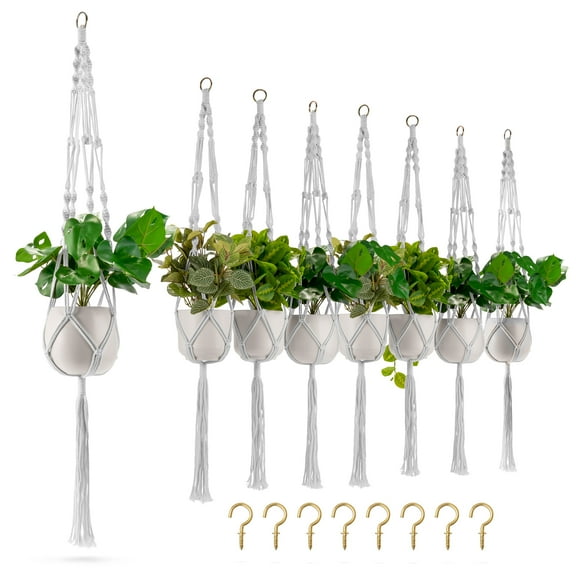 Sorbus Macrame Plant Hanger (8 Pack) Indoor Outdoor Hanging Plant Pots Cotton Rope, Elegant for Home, Patio, Garden (White)