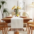 thumbnail image 1 of XINQIHANG Rustic Farmhouse Style Linen Table Runner, Boho Handmade Fringe Braided Stripe Table Runners 48 Inches Long for Holiday Party, Wedding and Dining Decorations, 13 x 48 inch-Ivory, 1 of 7