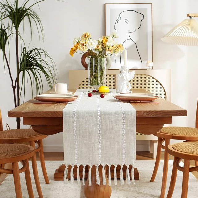 XINQIHANG Rustic Farmhouse Style Linen Table Runner, Boho Handmade Fringe Braided Stripe Table Runners 48 Inches Long for Holiday Party, Wedding and Dining Decorations, 13 x 48 inch-Ivory