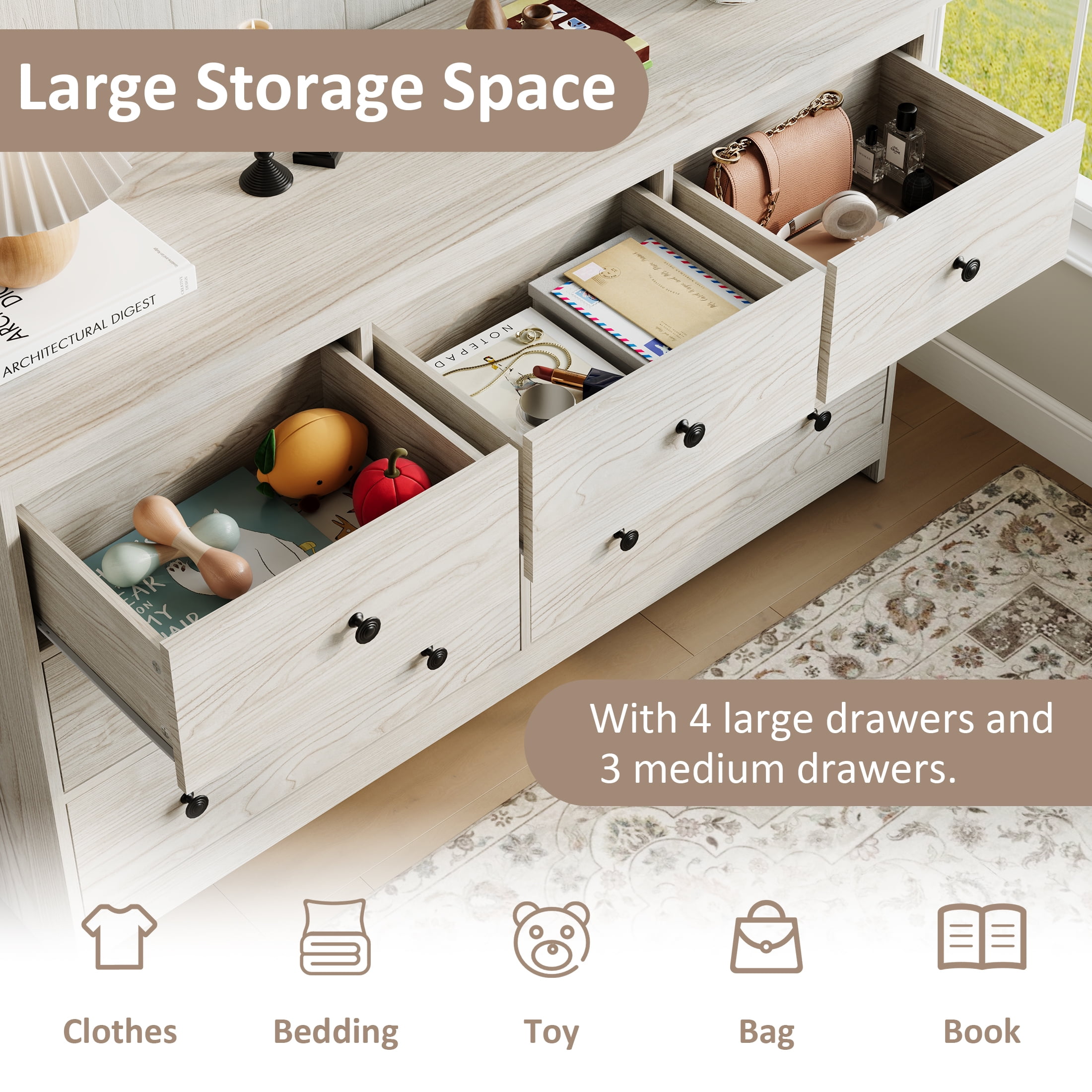 YouTrend 7 Drawer Dresser with Wood Grain, Modern Off-White/Beige Chests of Drawers Wood Adult Storage Cabinet for Bedroom Living Room Hallway