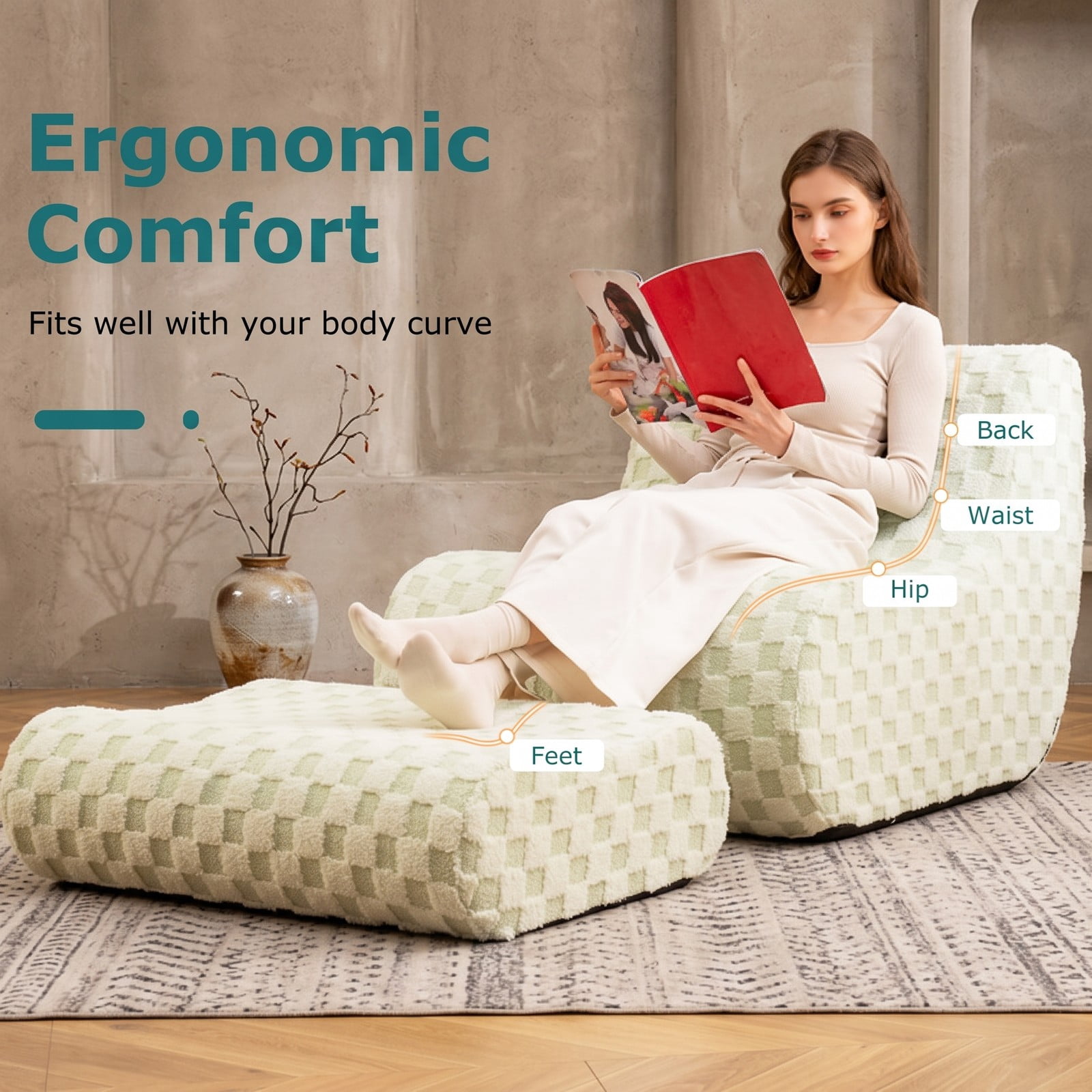 Furnibear Bean Bag Chair with Ottoman, Teddy Velvet Lounge Chair with Inclined Backrest, High Elasticity Sponge Filling, Machine-Washable Cover and Non-Slip, Green