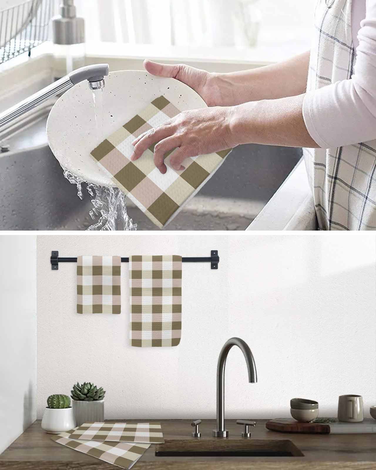 Brown Plaid Kitchen Dish Towels for Drying Dishes Set of 3, Spring Summer Farmhouse Buffalo Checkered Waffle Weave Microfiber Hand Tea Bathroom Towels Quick Dry & Absorbent Towel 12x12