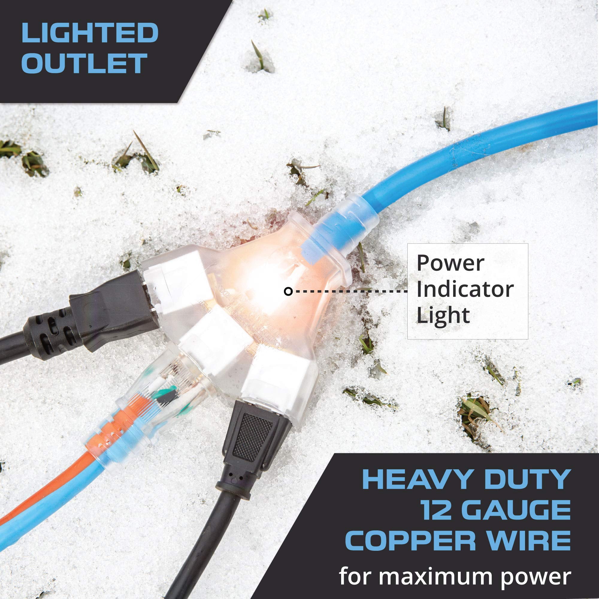 Iron Forge Cable 10 Ft 3 Outlet All-Weather Extension Cord for Outdoor & Indoor Use - 12/3 SJEOW Lighted 3 Prong Cord - for Extreme Temperatures