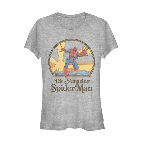 Junior's Marvel Vintage Spider-Man Sun  Graphic Tee Athletic Heather Large
