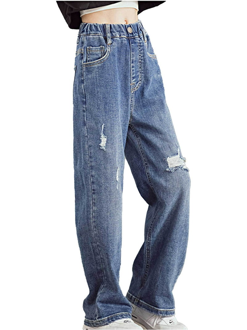 MSemis Girls Elastic Waist Baggy Ripped Distressed Denim