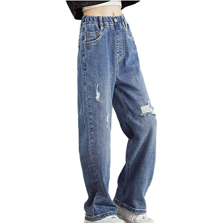 DPOIS Kids Girls Ripped Jeans Elastic Waistband Wide Leg Denim Pants  Trousers Blue 11-12 