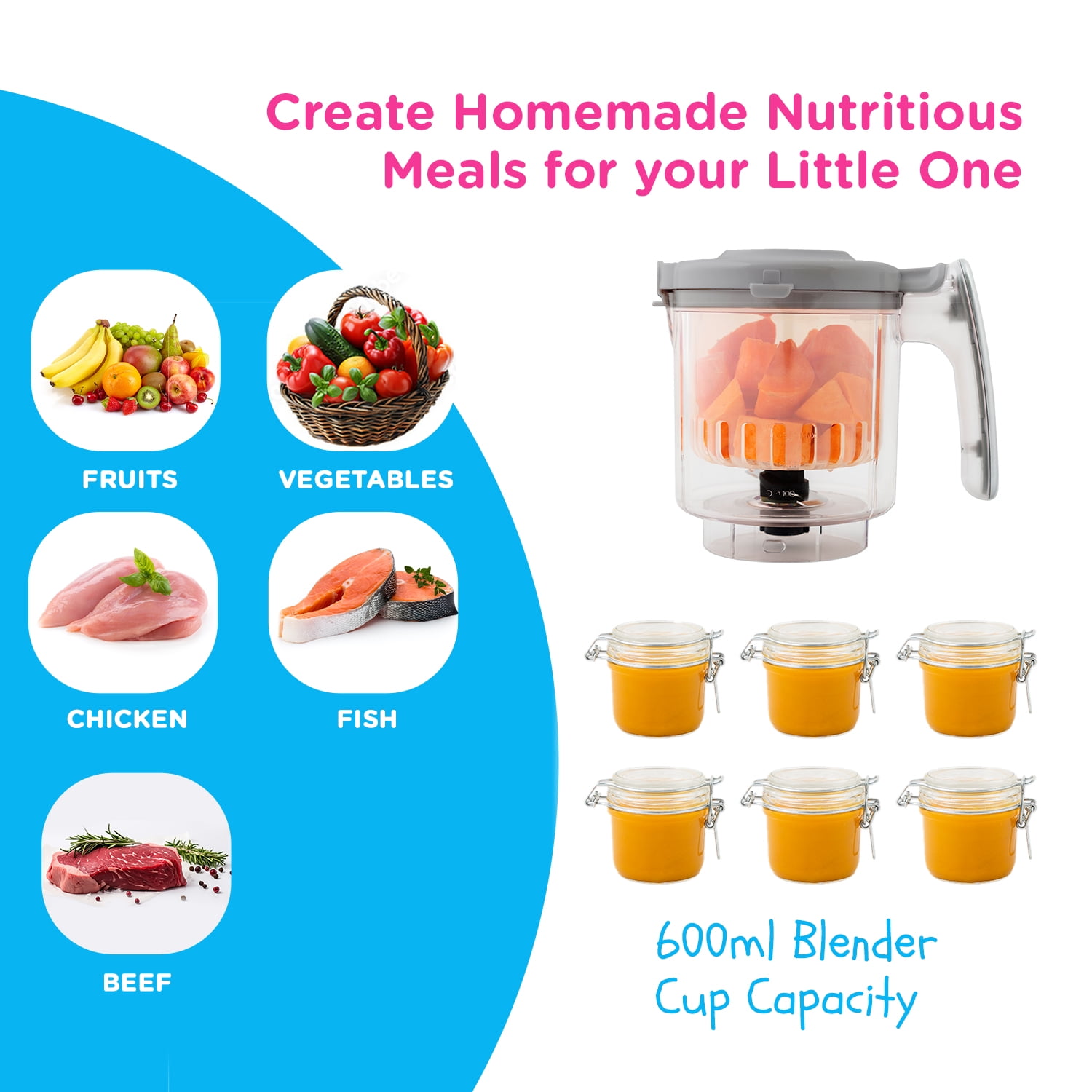 EVLA'S Baby Food Maker, Steamer, Blender, Baby Food Processor, Touch Screen, with 6 Reusable Food Pouches for Storage or Travel, Grey