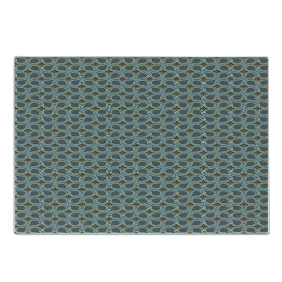 Modern Cutting Board, Geometric Pattern with Twisted Tangled 3D Style Lines Curves and Waves, Decorative Tempered Glass Cutting and Serving Board, Small Size, Grey Marigold Pale Blue, by Ambesonne