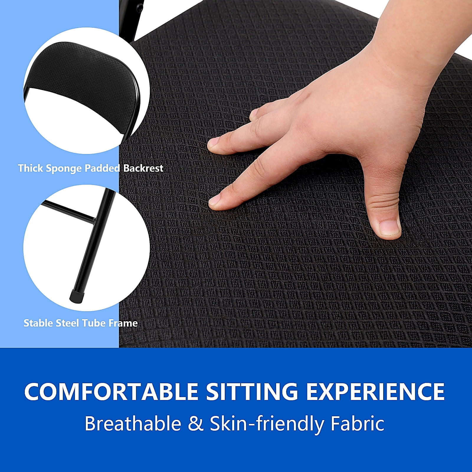 Fenbeli Folding Chairs Set of 4, Black Fabric Padded Metal Frame with Ergonomic Backrest, 330 lb Foldable Space-Saving Seating for Home and Office