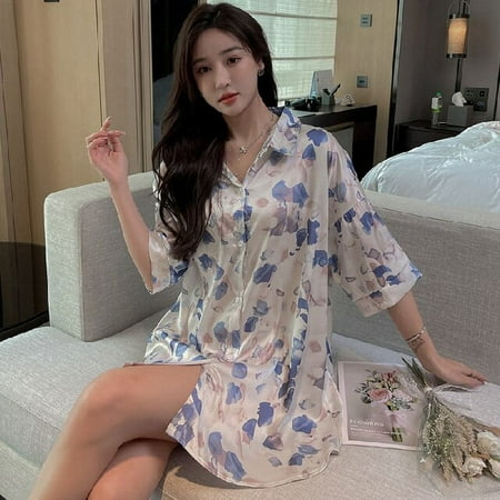 

PIKADINGNIS New Nightgowns Women Korean-style Silk Half-sleeve Turn-down Collar Loose Sleep-shirts Sweet Girls Trendy Printed Comfortable