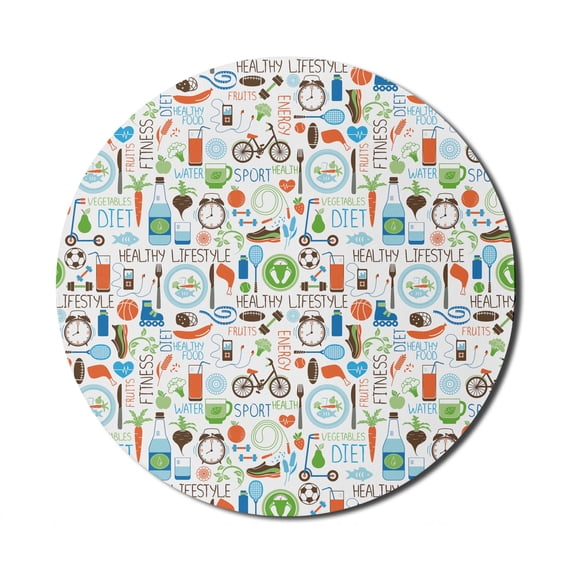 Fitness Mouse Pad for Computers, Sports and Diet Balance Nutrition Bicycle Organic Fresh Food Poultry Juice Vitality, Round Non-Slip Thick Rubber Modern Mousepad, 8" Round, Multicolor, by Ambesonne