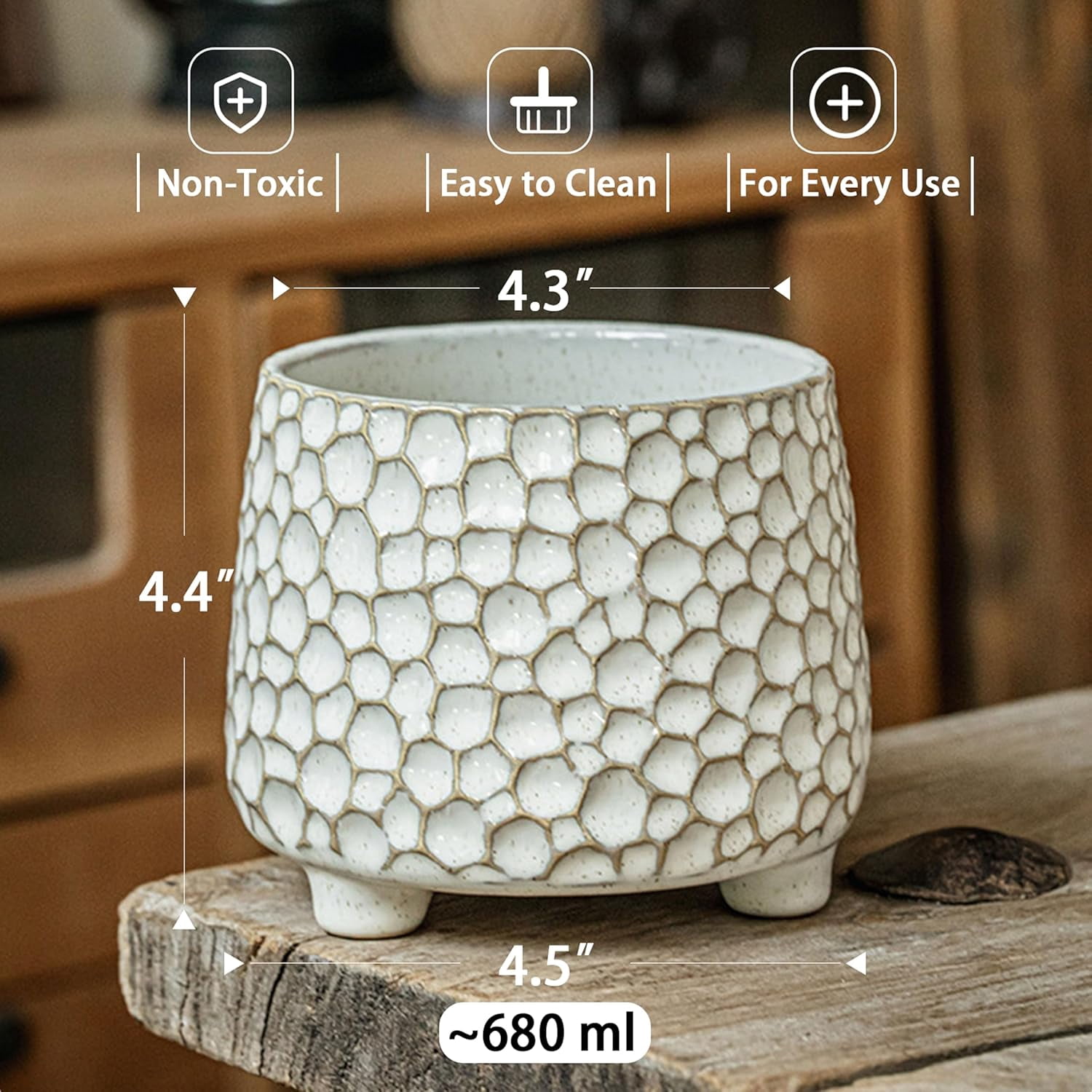 ABCISI Ceramic Utensil Holder for Countertop, 4.5-Inch Embossed Farmhouse Crock with Stable Triangular Base, Cream White Textured Kitchen Counter Organizer