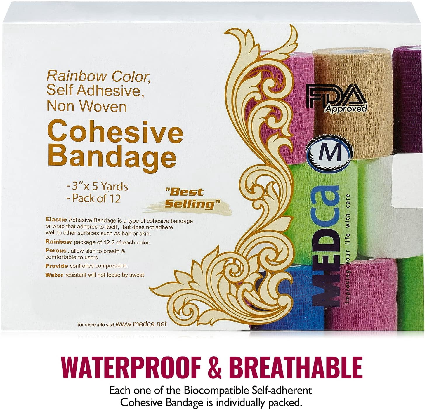 MEDca 3"x5 Yards Self-Adherent Cohesive Wrap Bandages, 12 Count, Strong Elastic