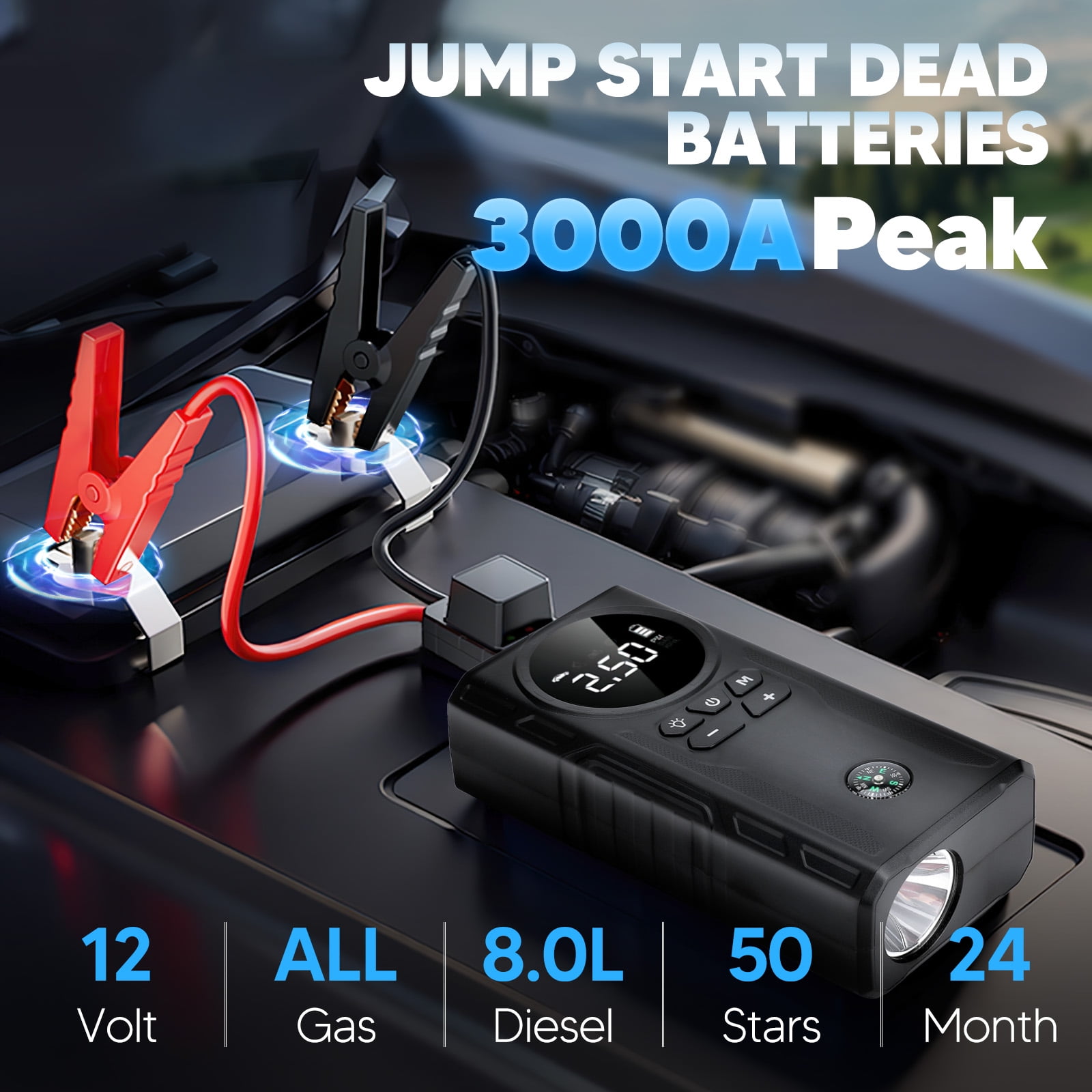 UNTIMATY Portable Car Jump Starter with Air Compressor Power Bank 3000A 39800mAh 12V Car Battery Jump Starter 150PSI Digital Tire Inflator Portable Battery Jump Box with Jumper Cables