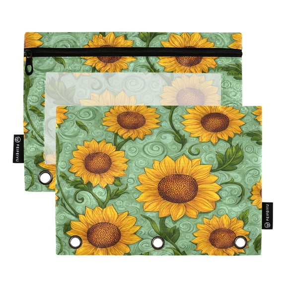 2 Pack 3 Ring Binder Pouch with Clear PVC Window Water Resistant Zipper Pencil Pouch Beautiful Hand-painted Sunflowers Binder Pocket for Classroom Office Home Stationery Organization