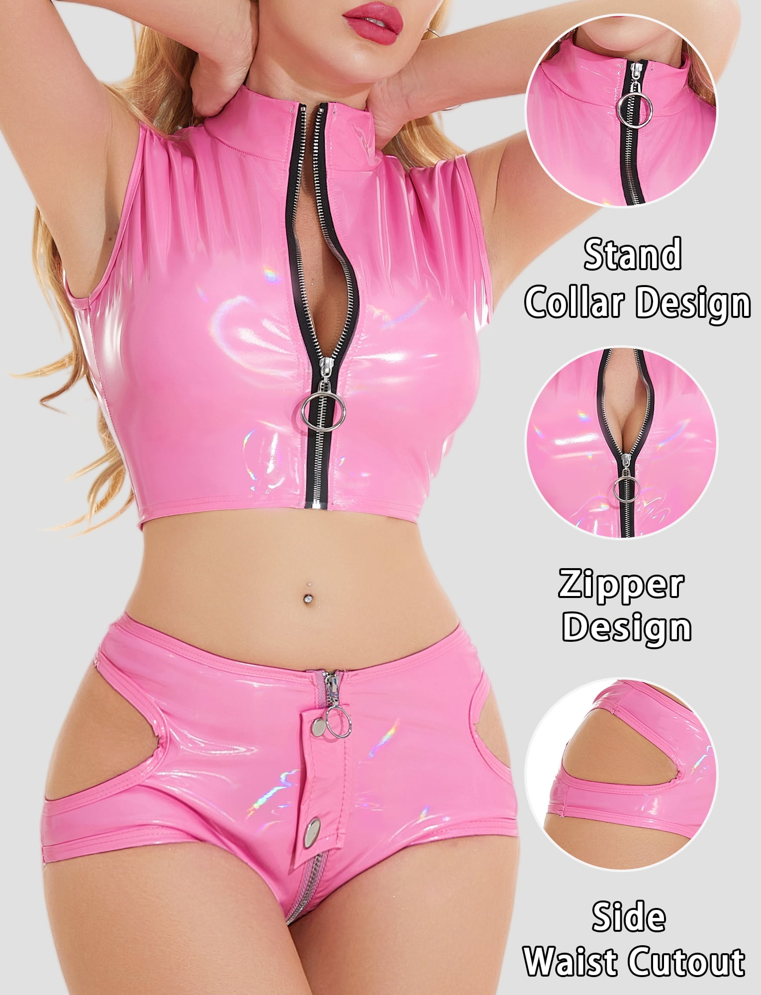 Ausing Womens Rave Outfits PU Leather Set Shiny Zipper Crop Top and Booty Shorts Wet Look Clubwear Dance Party Nightclub Stage Performance 2 Piece Pink S