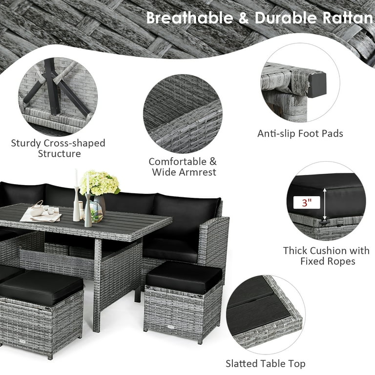 Costway 7 pcs black rattan wicker furniture set sectional seat cushioned garden deck sale
