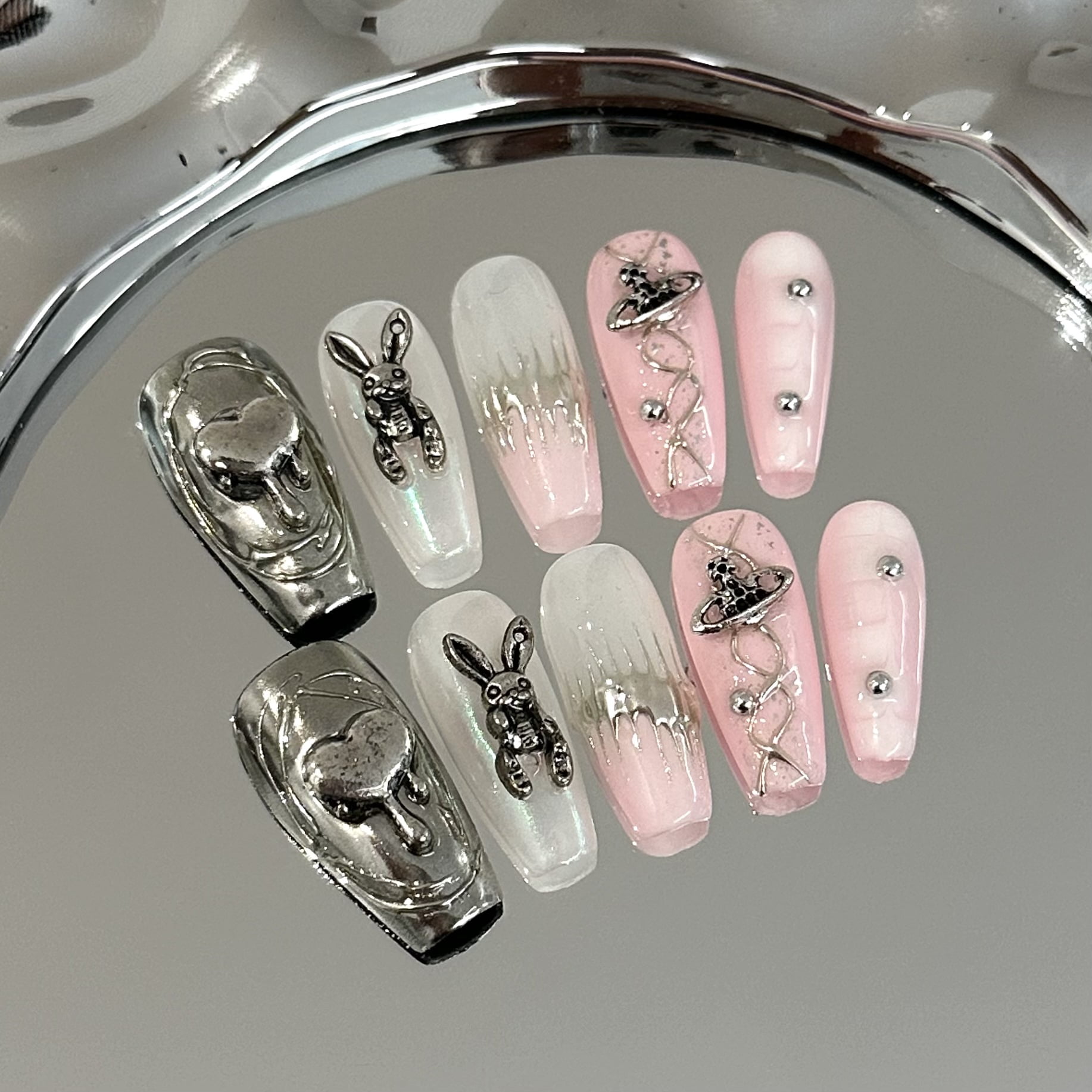 Hand-worn nail pads, high-end white, silver, medium ladder, pink manicure, removable, violent rabbit, love, fake nails.