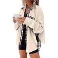 thumbnail image 1 of Womens Waffle Knit Plaid Shacket Boyfriend Button Down Shirt Jacket Loose Long Sleeve Tops, 1 of 4