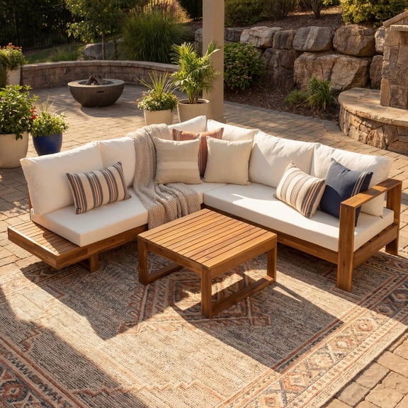 Outdoor 4-Piece Acacia Wood Sectional Patio Sofa Set, Solid Wood Conversation Set with Weather-Resistant Cushions for Garden Deck Backyard, Cream Teak