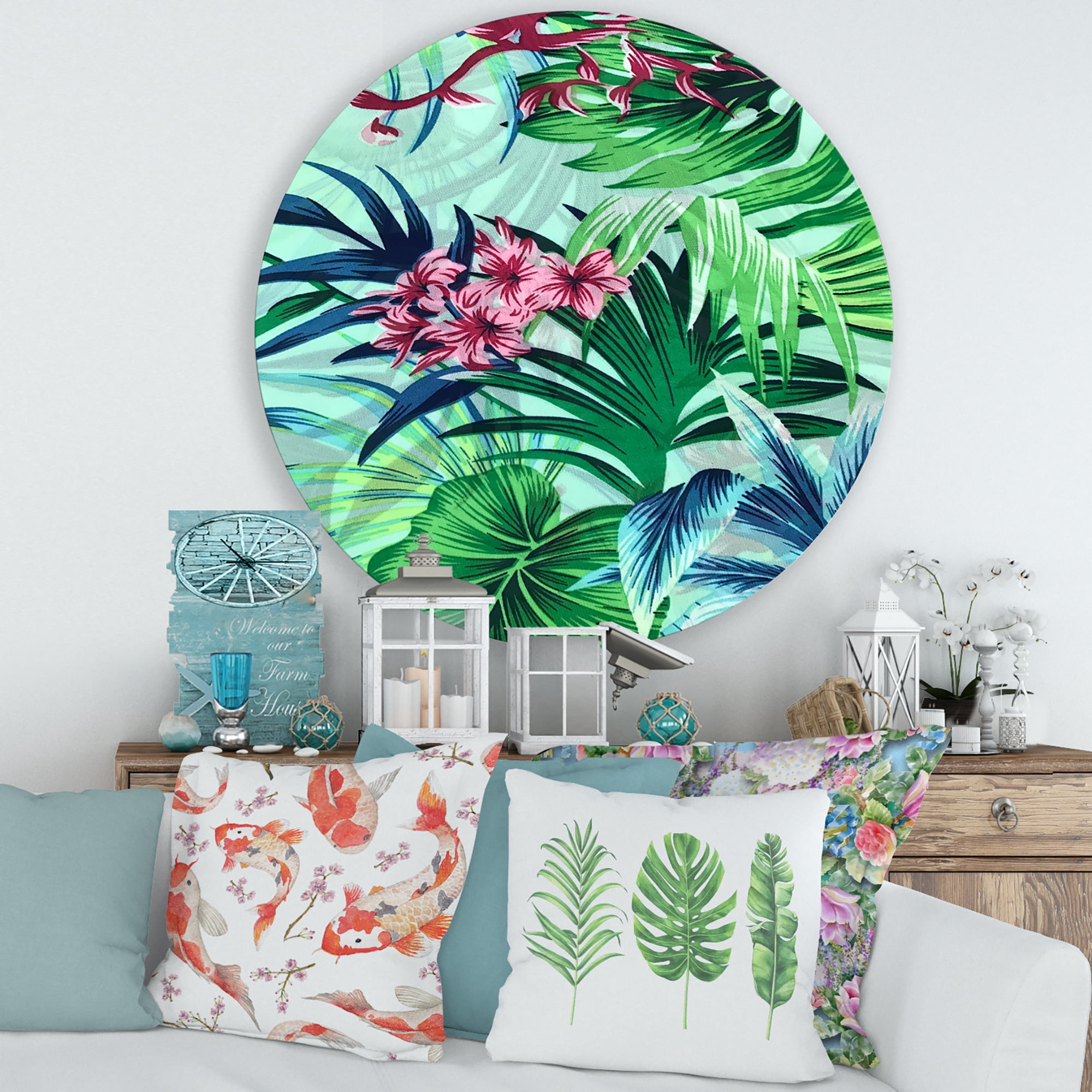 Designart 'VIntage Tropical Flowers VI' Traditional Circle Metal Wall Art 29x29 - Disc of 29