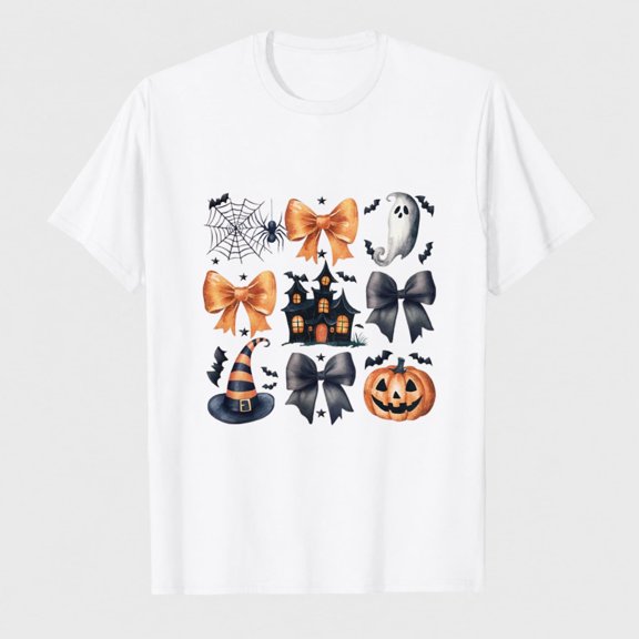 Women's Halloween Bow Pumpkin Collage Graphic T-Shirt, 100% Cotton Short Sleeve Shirt