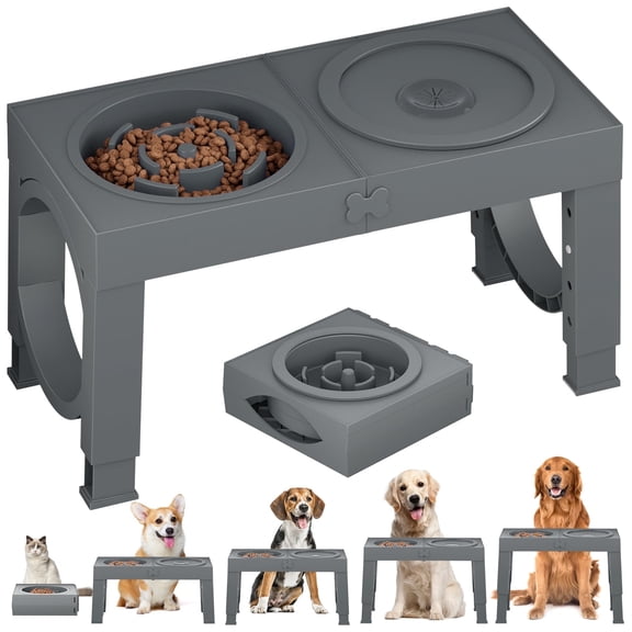 X XBEN Elevated Dog Bowls, 5 Heights Adjustable 9|11|12|14in Dog Raised Bowl Stand with Slow Feeder and Water Bowls, Pet Dish Holder to Protect Dogs Joints for Medium Large Dog