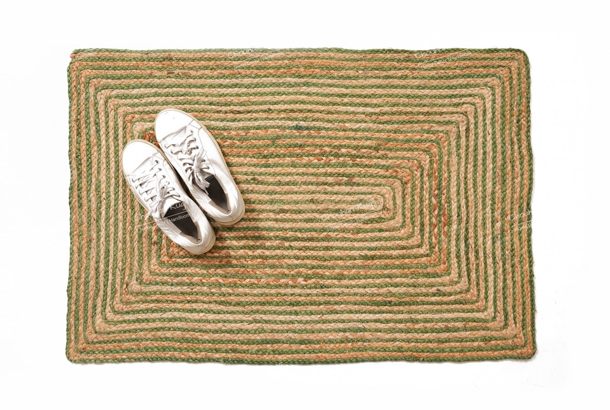 Rectangle Rug Natural Jute Rug Hand Braided Beige and Green Color Rounding Line Area Rug